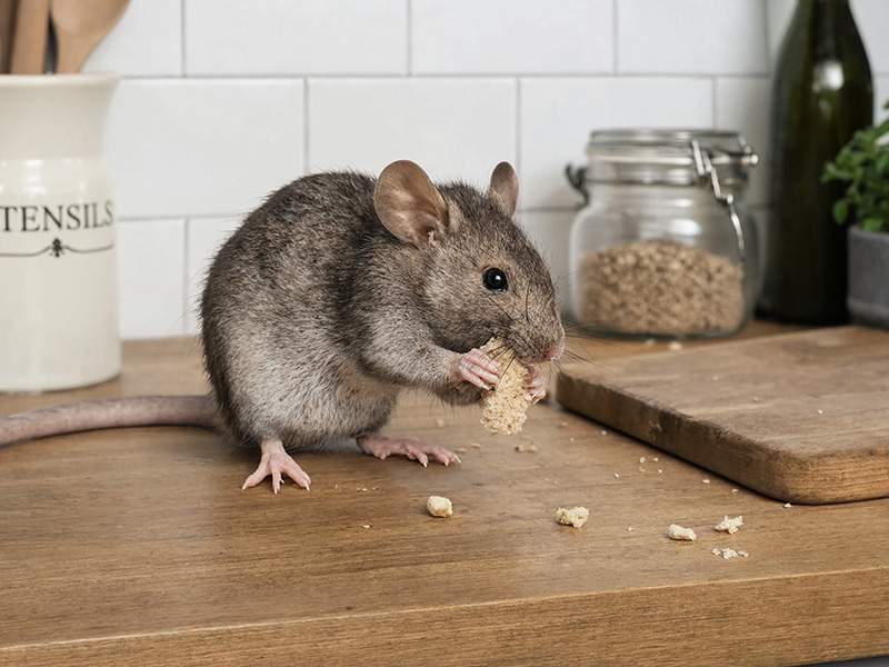 Eine Ratte sitzt auf einer Küchenarbeitsplatte und knabbert etwas